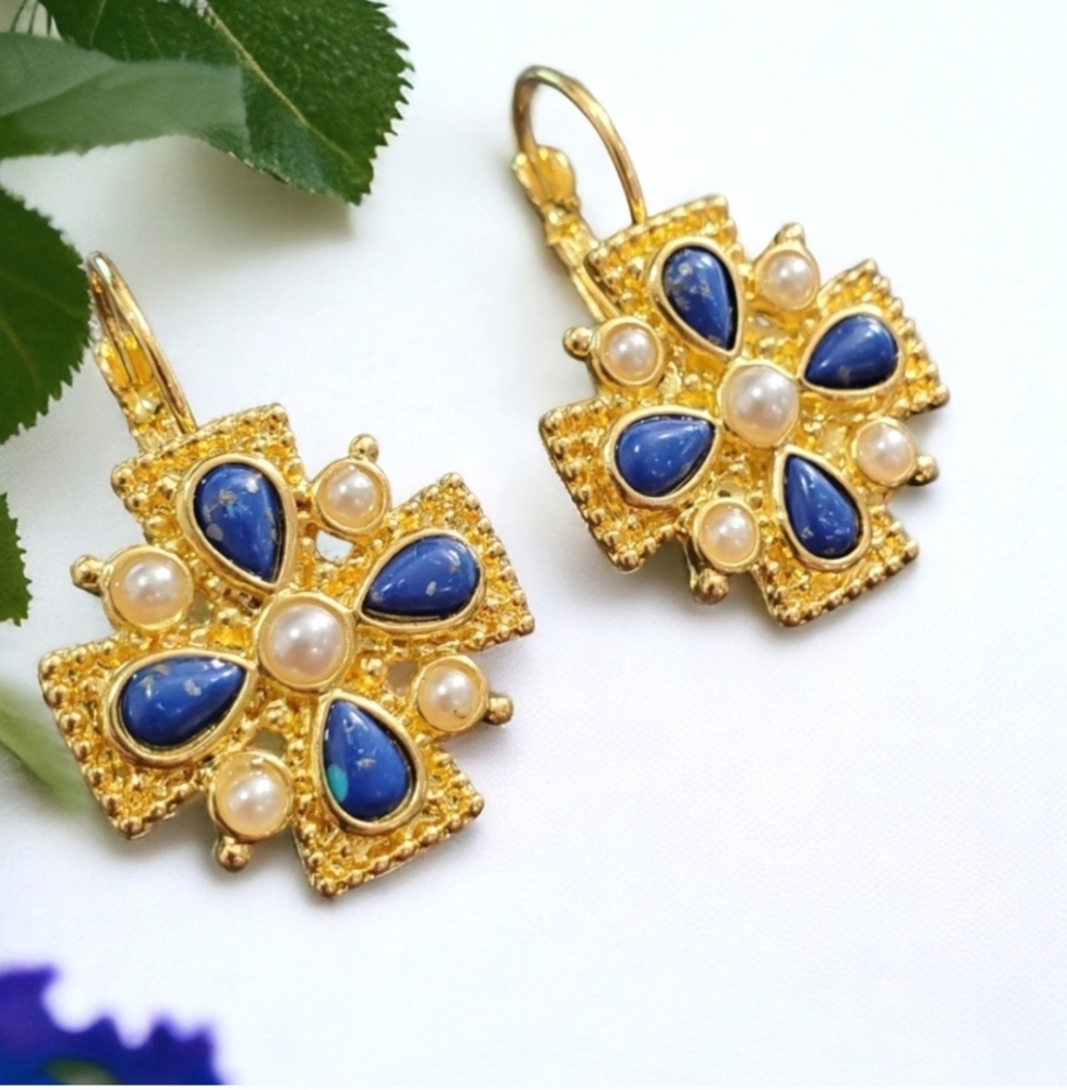 Exquisite 18k Gold Plated Lapis Lazuli Pearl Maltese Cross Earrings
